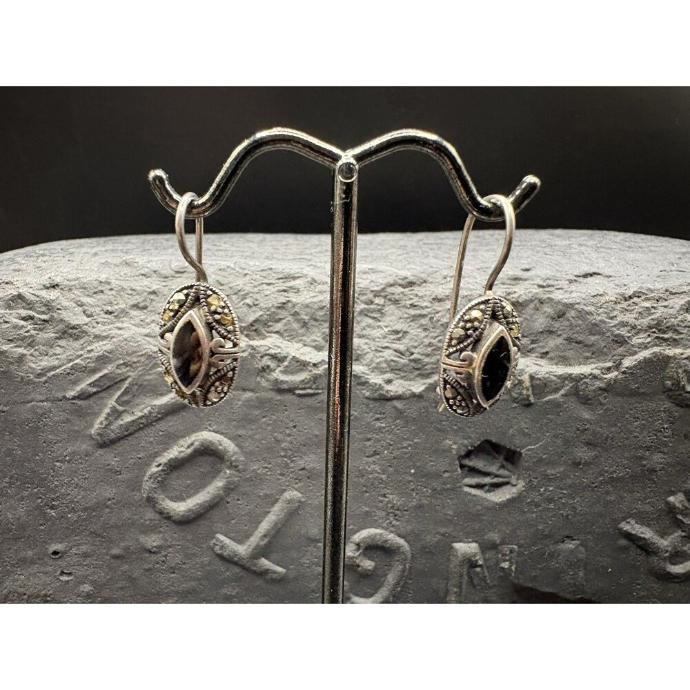 Vintage Sterling Silver 925 Small Black Onyx Marcasite Stones Dongle Earrings 4g